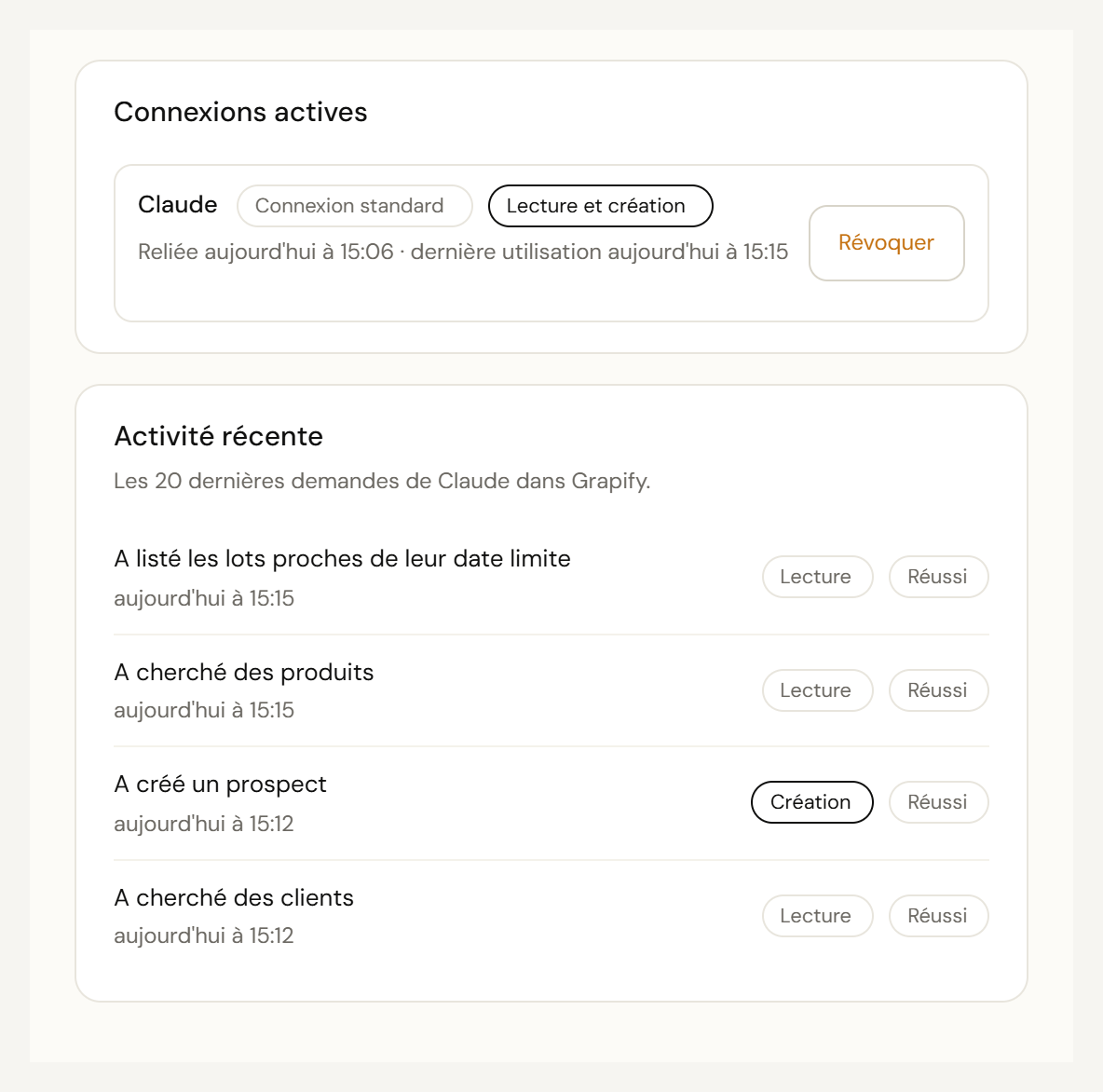 Page Grapify Intégration Claude : liste des connexions actives avec le bouton Révoquer, et activité récente