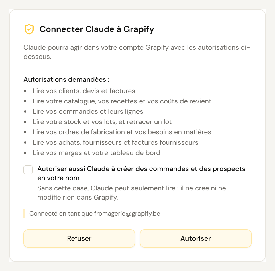 Page Grapify d'autorisation : liste de ce que Claude pourra lire, case pour autoriser la création, boutons Refuser et Autoriser