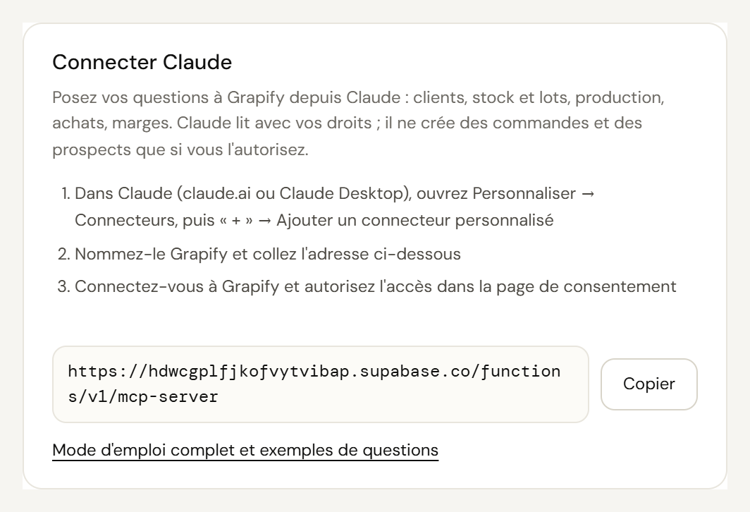 Page Grapify Réglages → Intégration Claude, avec l'adresse du connecteur et le bouton Copier